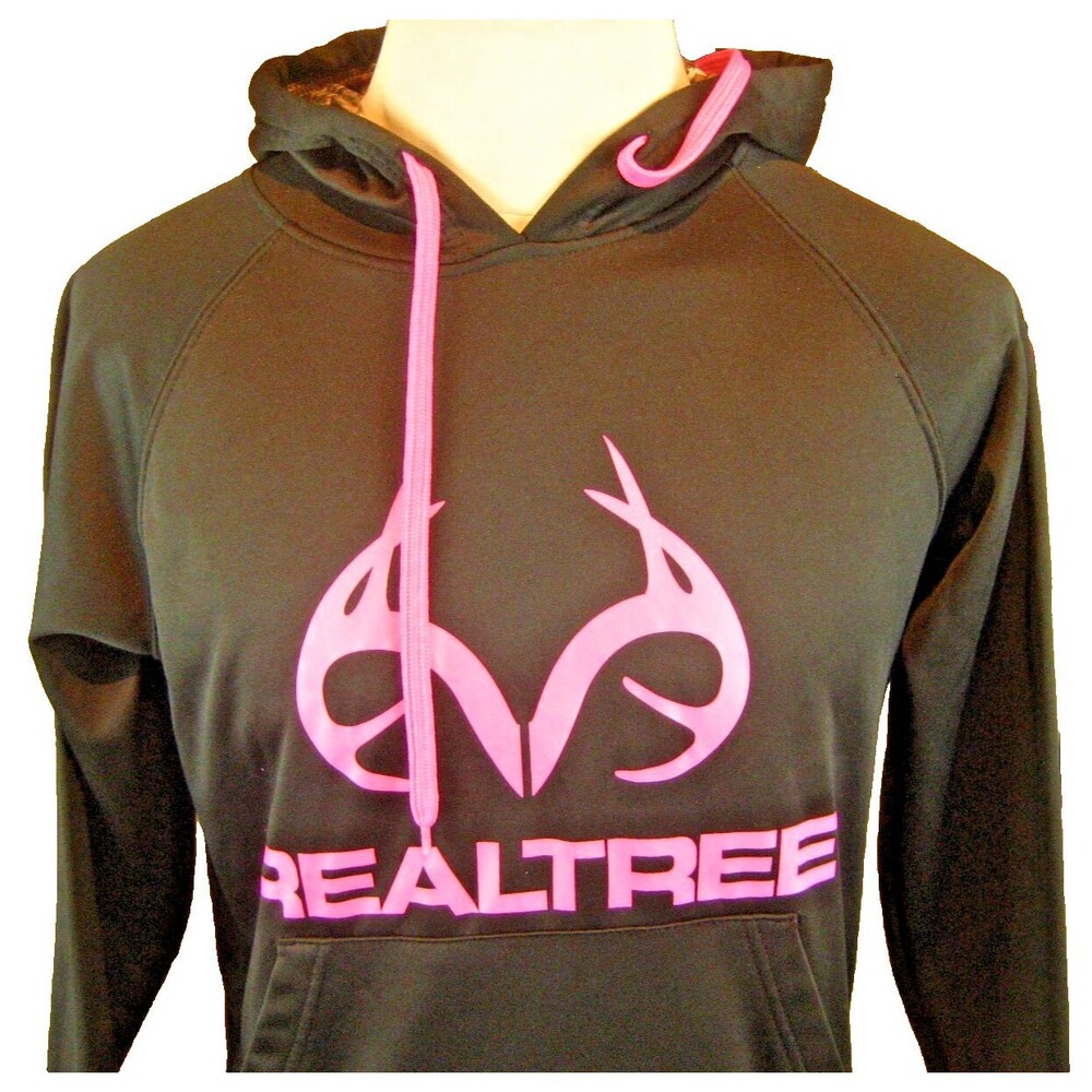 Womens Realtree Black/Pink Hooded Fleece Pullover Sweatshirt sz Med